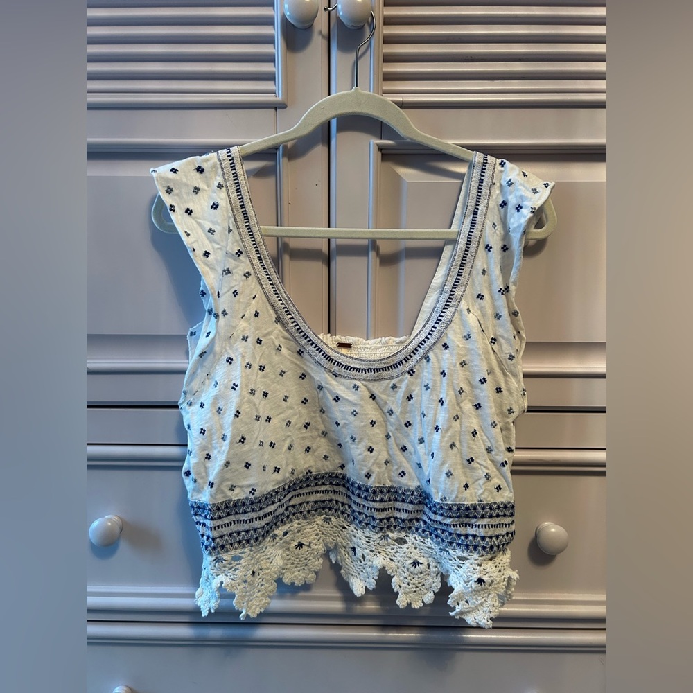 Free People White and Blue Embroidered Crop Top